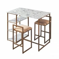 TeamsonUS Teamson Home Marmo Modern Marble-Look Breakfast Table Set With 2 Stools And Storage, Marble/Brass
