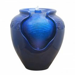 TeamsonUS Teamson Home Outdoor Glazed Pot Floor Fountain With LED Lights, Royal Blue