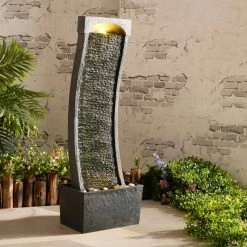 TeamsonUS Teamson Home Indoor/Outdoor Modern Curved Slate Stone-Look Tall Waterfall Fountain With LED Lights