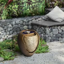 TeamsonUS Teamson Home Large Outdoor Water Fountain Pot With Fire Pit And Fire Glass, Brown New