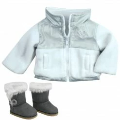 TeamsonUS Kids Sophia's Nylon/Fleece Jacket And Boots For 18" Dolls, White/Gray