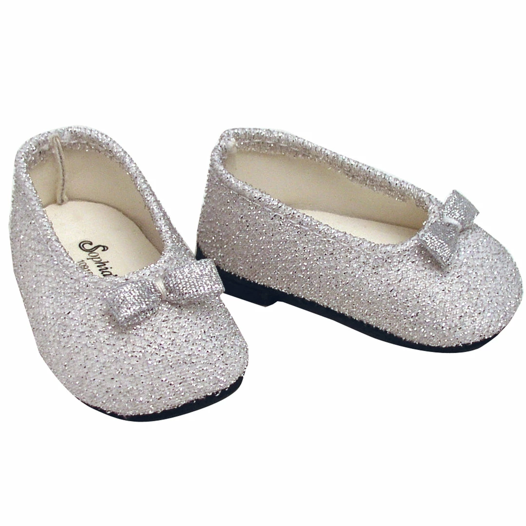 TeamsonUS Sophia's Flat Glitter Shoes With Bow For 18" Dolls, Silver