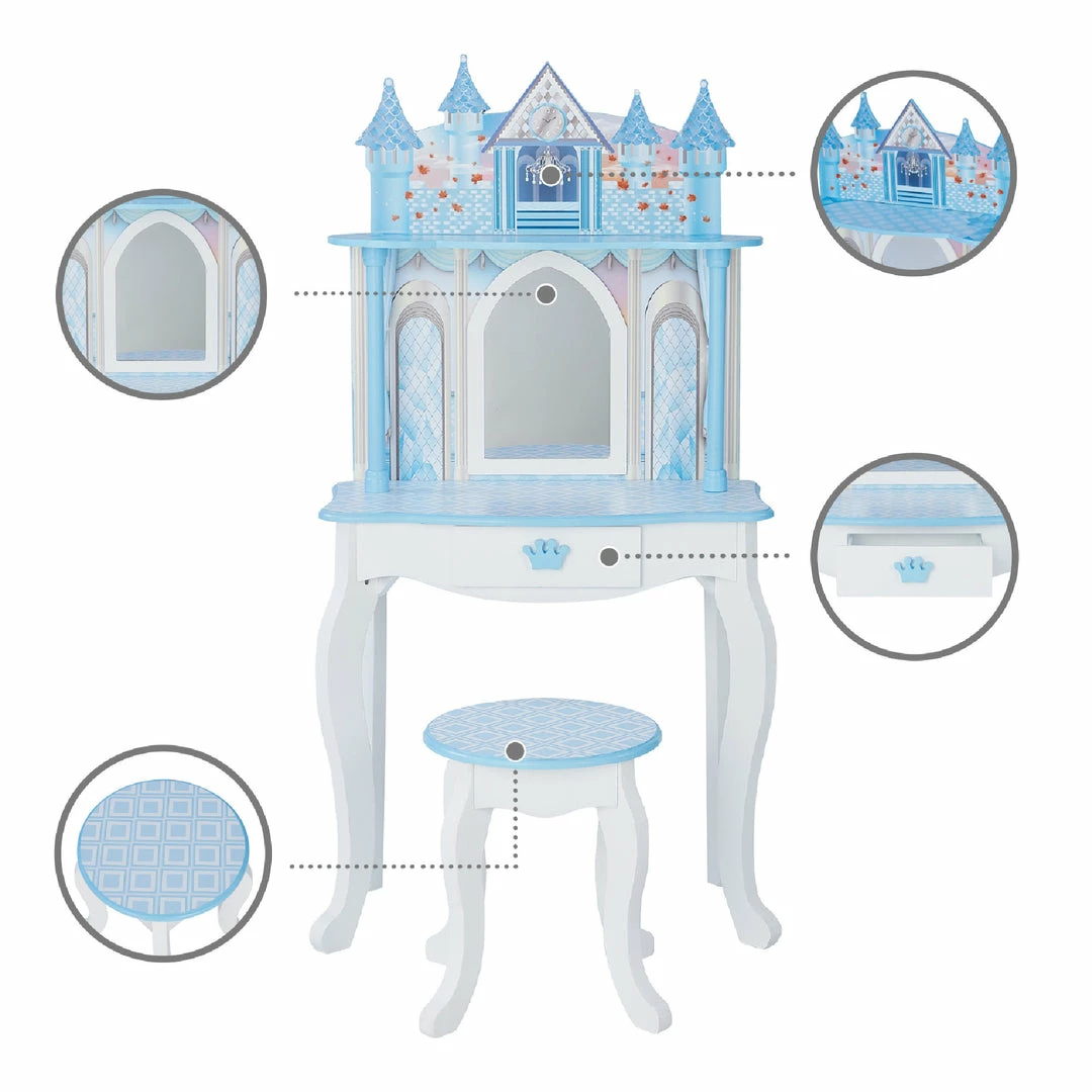 TeamsonUS Fantasy Fields Kids Dreamland Castle Vanity Set With Chair And Accessories, White/Blue