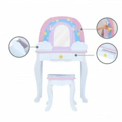 TeamsonUS Fantasy Fields Little Dreamer Rainbow Unicorn Vanity Table Set With Mirror And Stool, White Kids