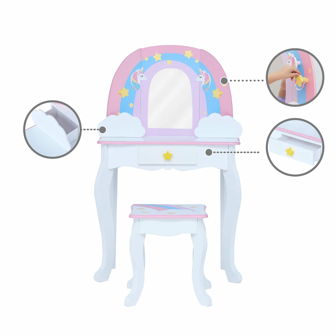 TeamsonUS Fantasy Fields Little Dreamer Rainbow Unicorn Vanity Table Set With Mirror And Stool, White Kids