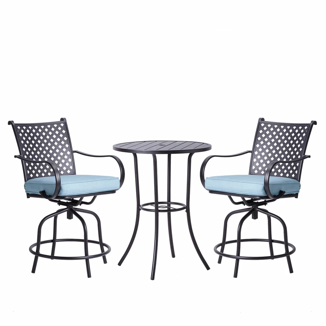 TeamsonUS Teamson Home Outdoor 3 Piece Steel Bar Height Bistro Table And Swivel Chairs With Cushions Set, Black