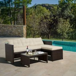 TeamsonUS Teamson Home Outdoor 3-Piece Rattan Patio Sectional Set With Loveseat, Chaise Lounge And Coffee Table, Brown/White