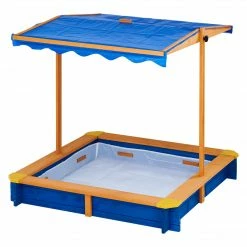 TeamsonUS Teamson Kids 4' Square Solid Wood Sandbox With Rotatable Canopy Cover, Honey/Blue