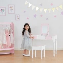 TeamsonUS Fantasy Fields Kids Kate Twinkle Star Vanity Set With Foldable Mirror And Chair, Pink/White
