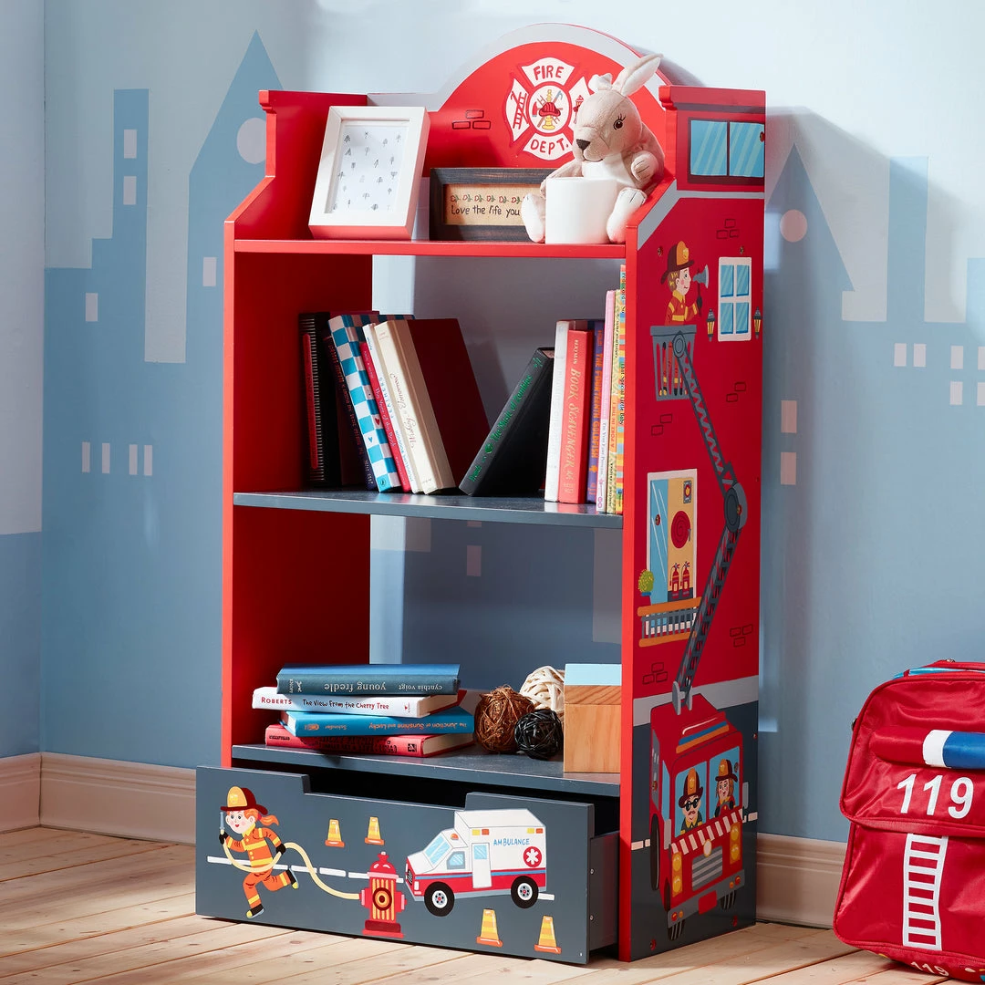 TeamsonUS Fantasy Fields Little Fire Fighters Bookshelf With Drawer, Red